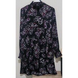 LOFT Paisley Ruffle High Neck Dress Black Purple White Long Sleeve Womens 8